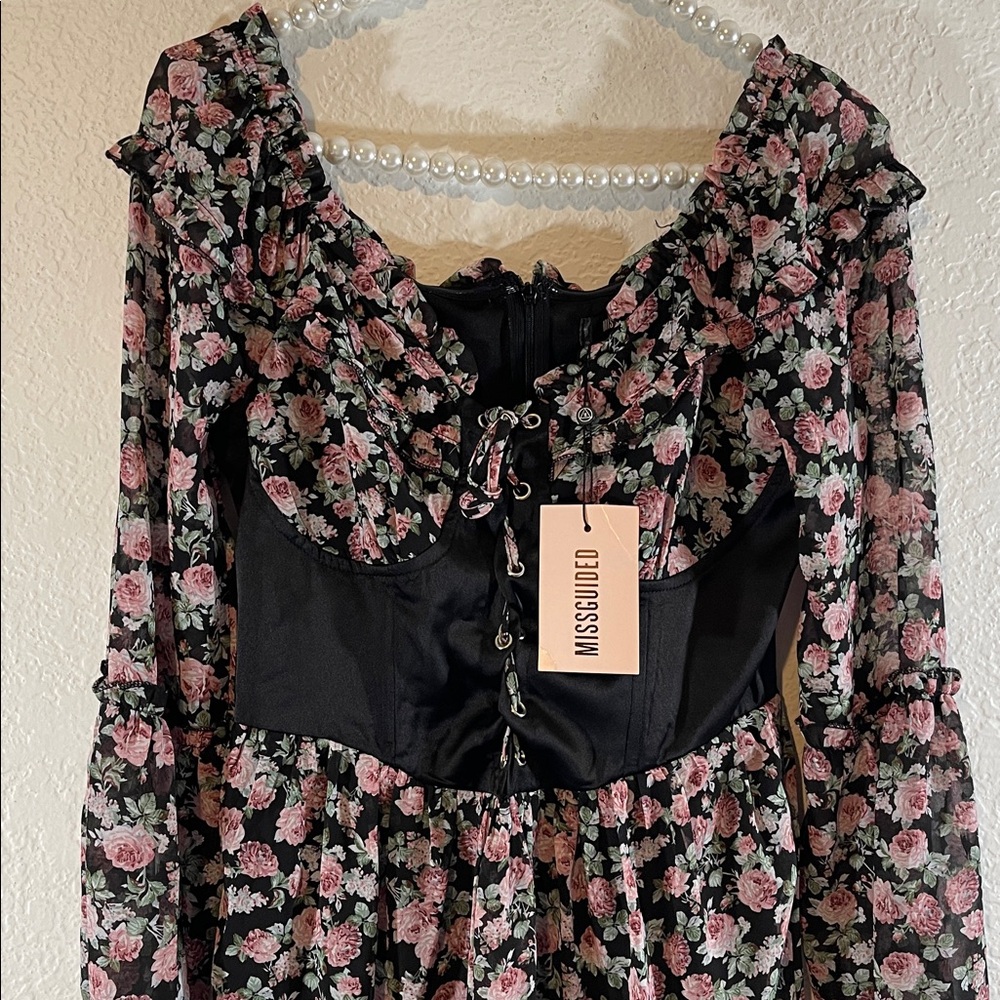 MISSGUIDED Size 4 Black Floral Print Bust Cup Corset Romantic Dress NEW - Picture 3 of 12